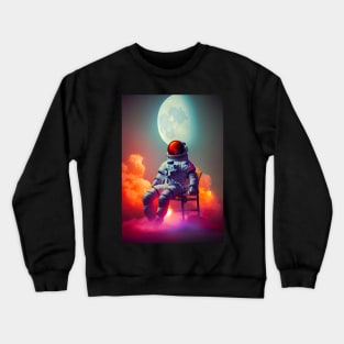 Astronaut sitting on a chair  with red clouds around in space with moon in the background Crewneck Sweatshirt